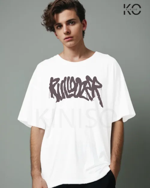 Image of White color drop shoulder t-shirt with Bulldozer Print for men at reasonable price